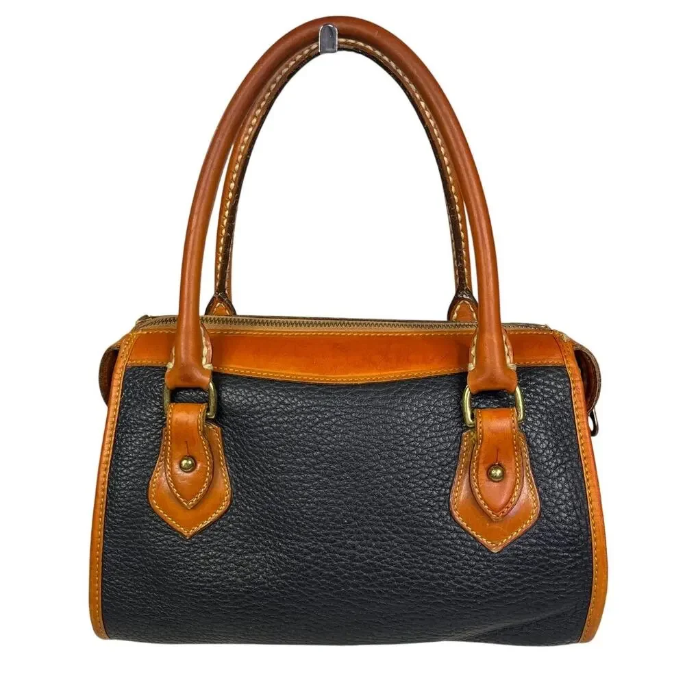 Vintage Dooney & Bourke AWL Navy British Tan Leather Barrel Satchel USA